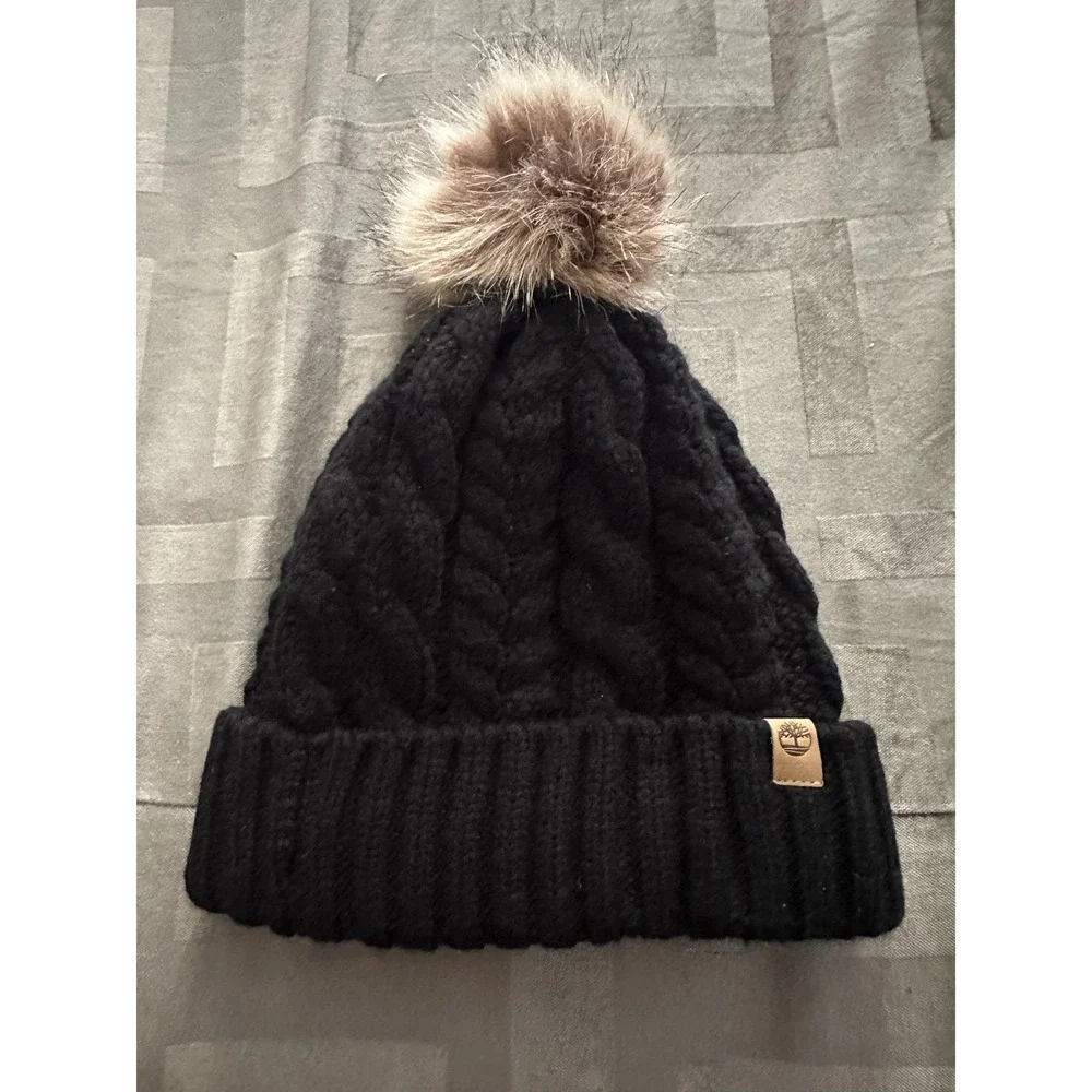 Timberland Hat Beanie Womens One‎ Size Black Cable Knit Pom Pom Sherpa Lined